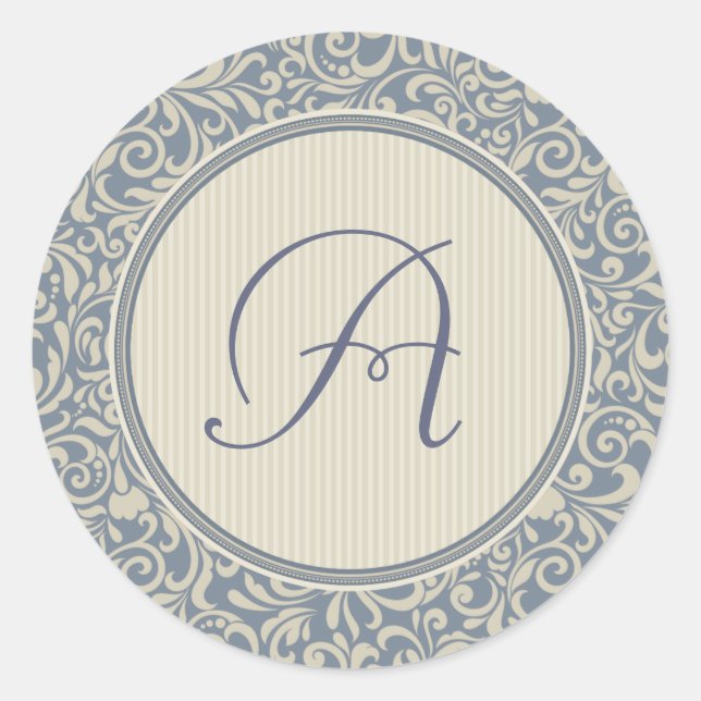 Elegant Blue and Beige Damask with Monogram Classic Round Sticker (Front)