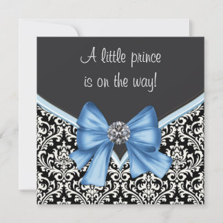 Elegant Blue and Black Damask Prince Baby Shower Invitation