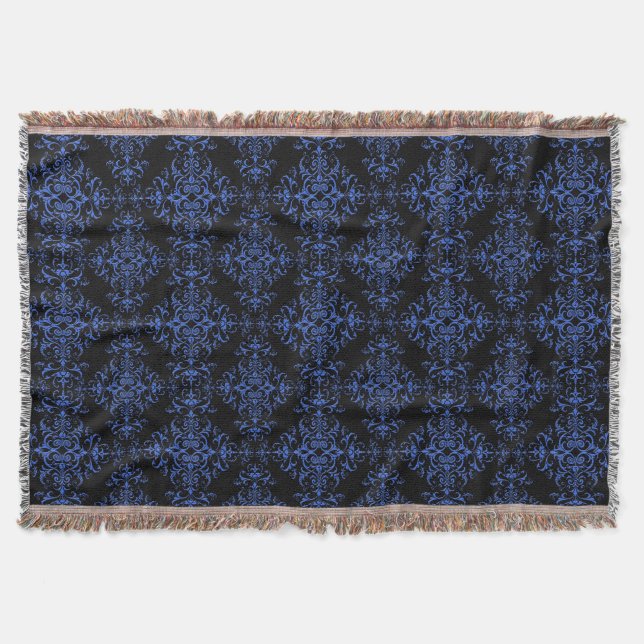 Elegant Blue and Black Damask Style Pattern Throw Blanket (Front)