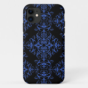Elegant Blue and Black Floral Damask Style Pattern Case-Mate iPhone Case