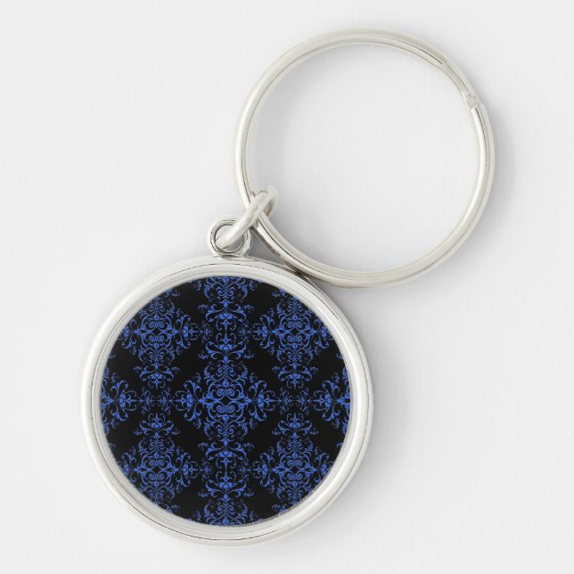 Elegant Blue and Black Floral Damask Style Pattern Key Ring (Front)