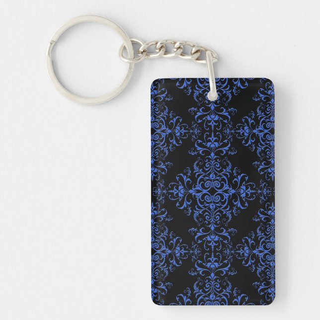 Elegant Blue and Black Floral Damask Style Pattern Key Ring (Front)