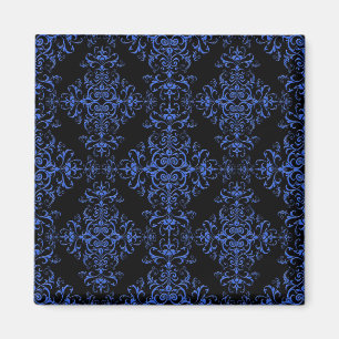 Elegant Blue and Black Floral Damask Style Pattern Magnet