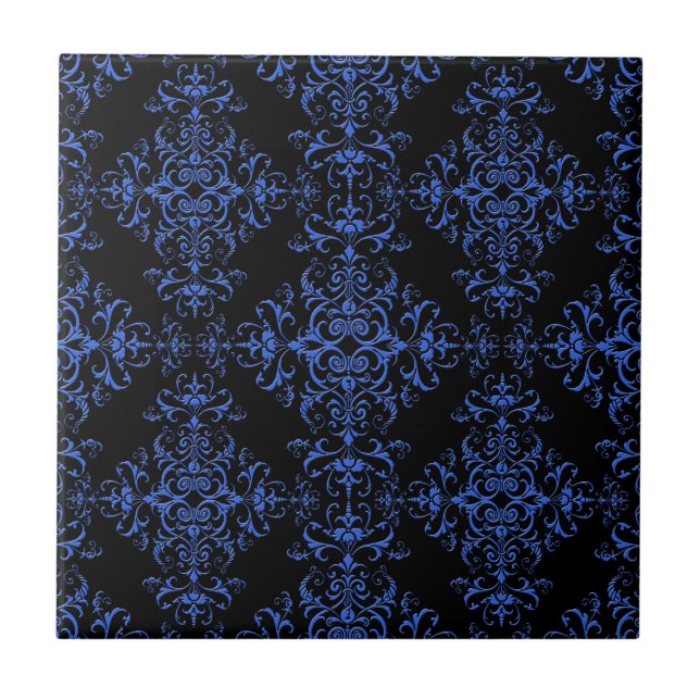 Elegant Blue and Black Floral Damask Style Pattern Tile (Front)