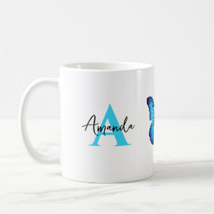 Elegant Blue and Black Monogramed Name Butterfly Coffee Mug