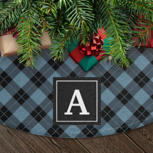 Elegant Blue and Black Plaid Monogram Brushed Polyester Tree Skirt