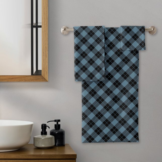 Elegant Blue and Black Plaid Pattern Holiday Bath Towel Set (Creator Uploaded)