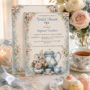 Elegant Blue and Blush Floral Bridal Shower Tea   Invitation