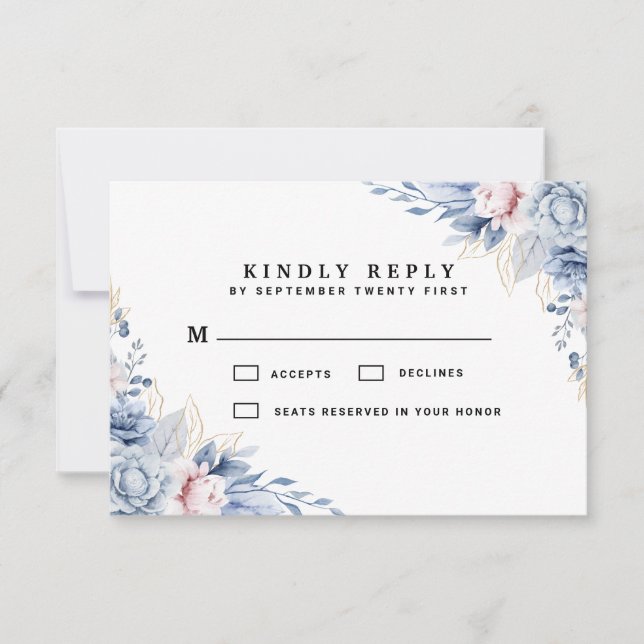 Elegant Blue and Blush Floral Wedding RSVP Card (Front)