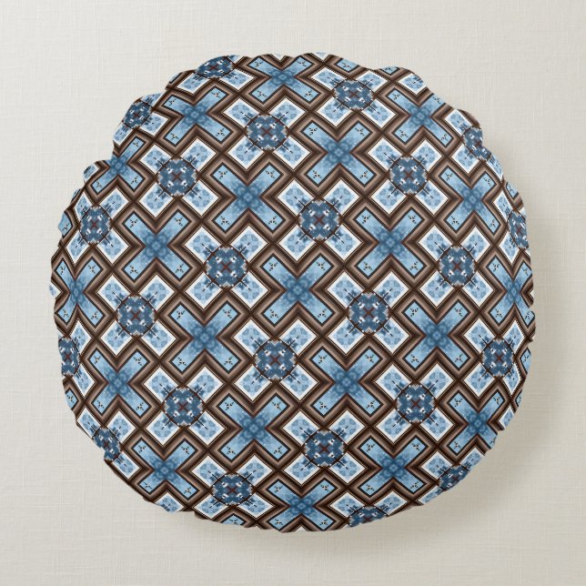 Elegant Blue and Brown Geometric Pattern  Round Cushion (Front)