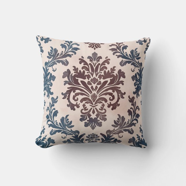 Elegant Blue and Burgundy Damask Pattern Cushion (Front)