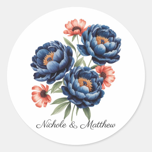 Elegant Blue and Burnt Orange Floral Wedding Classic Round Sticker (Front)