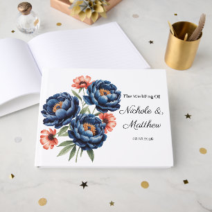 Elegant Blue and Burnt Orange Floral Wedding Guest Book