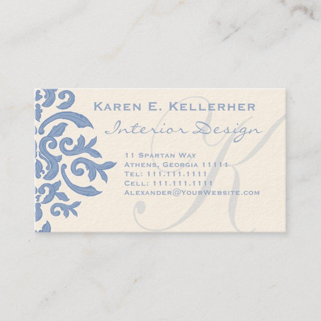 Elegant Blue and Cream Damask Letter E Business Card (Front)