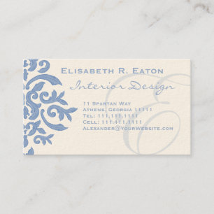 Elegant Blue and Cream Damask Letter E Business Card