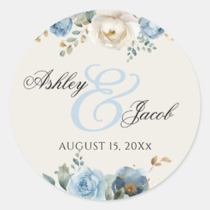 Elegant Blue and Cream Elegant Floral Wedding Classic Round Sticker