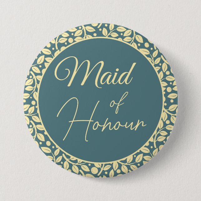 Elegant Blue and Cream Leaf Maid of Honour 7.5 Cm Round Badge (Front)