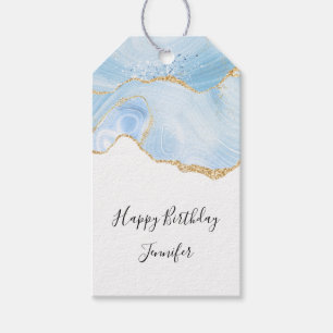 Elegant Blue and Gold Agate Border Birthday Gift Tags