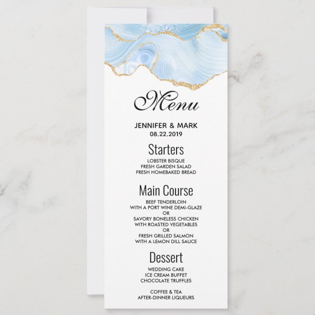 Elegant Blue and Gold Agate Border Wedding Menu Invitation (Front)