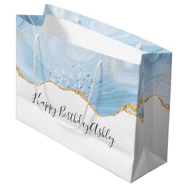 Elegant Blue and Gold Agate Design Birthday Large Gift Bag (Front Angled)