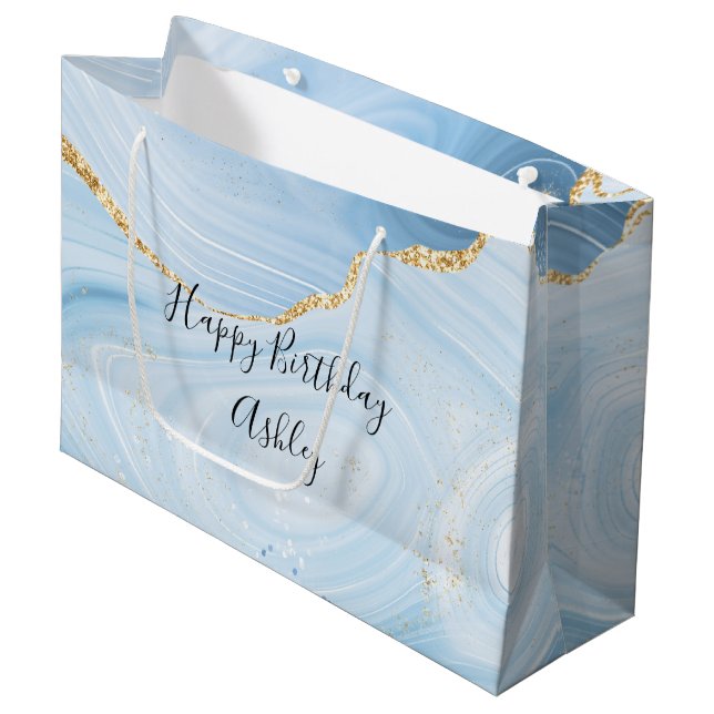 Elegant Blue and Gold Agate Design Large Gift Bag (Front Angled)