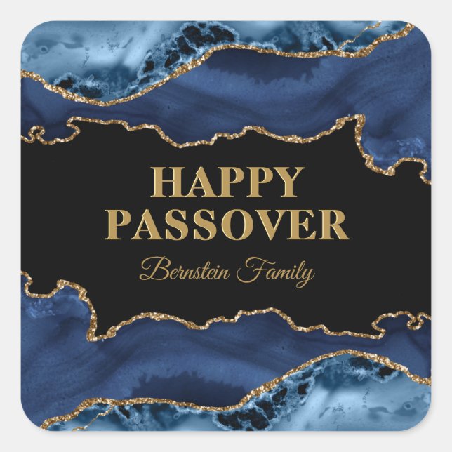 Elegant Blue and Gold Agate Hebrew Happy Passover Square Sticker (Front)