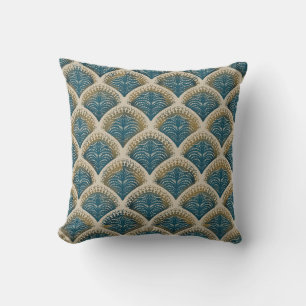 Elegant Blue and Gold Art Deco Fan Pattern Tablecl Cushion