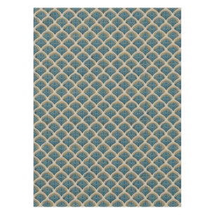 Elegant Blue and Gold Art Deco Fan Pattern Tablecl Tablecloth