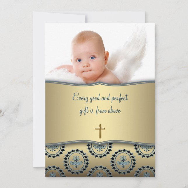 Elegant Blue and Gold Baby Boy Photo Christening Invitation (Front)