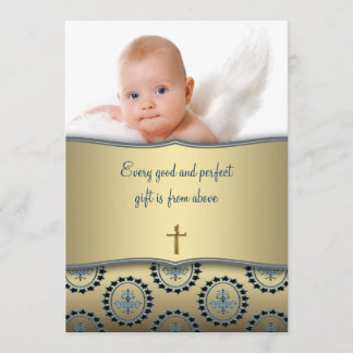 Elegant Blue and Gold Baby Boy Photo Christening Invitation