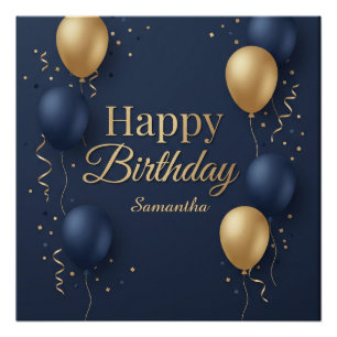 Elegant Blue and Gold Balloon Happy Birthday  Poster