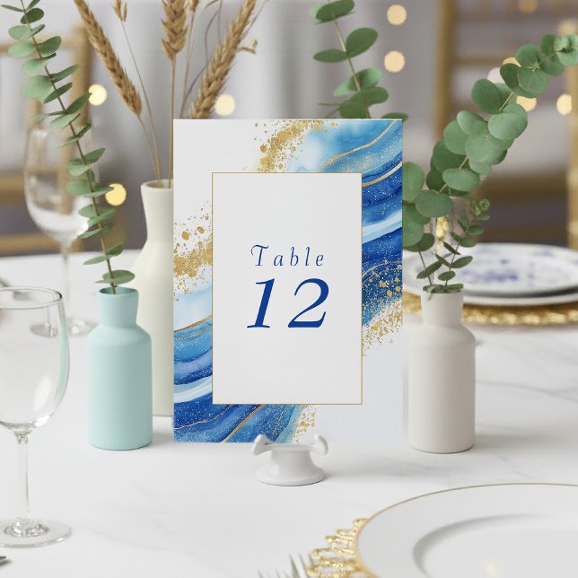 Elegant Blue and Gold bold Table Number card (Gold and blue agate effect wedding table number card.)