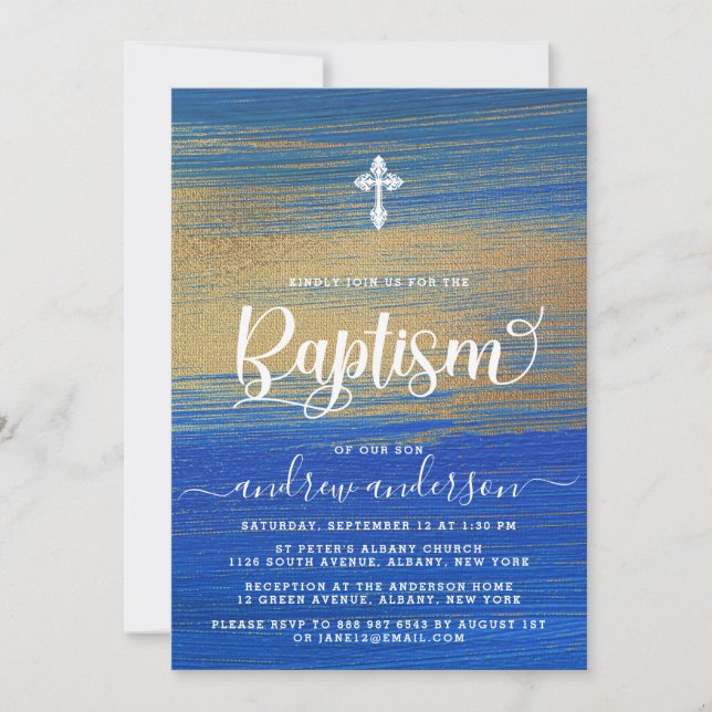 Elegant Blue And Gold Boy Baptism Invitation (Front)