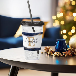 Elegant blue and gold brushstrokes personalised acrylic tumbler