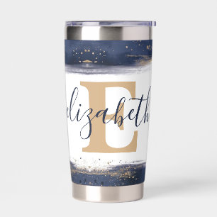 Elegant blue and gold brushstrokes personalised insulated tumbler