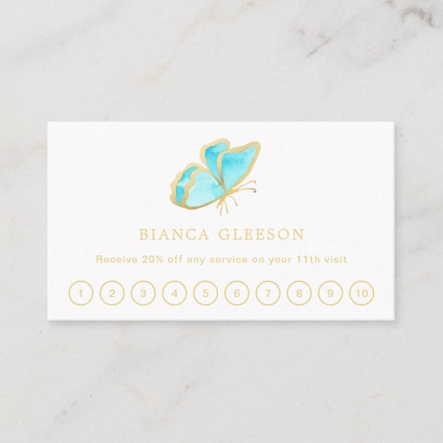 Elegant Blue and Gold Butterfly Modern Loyalty Card (Front)