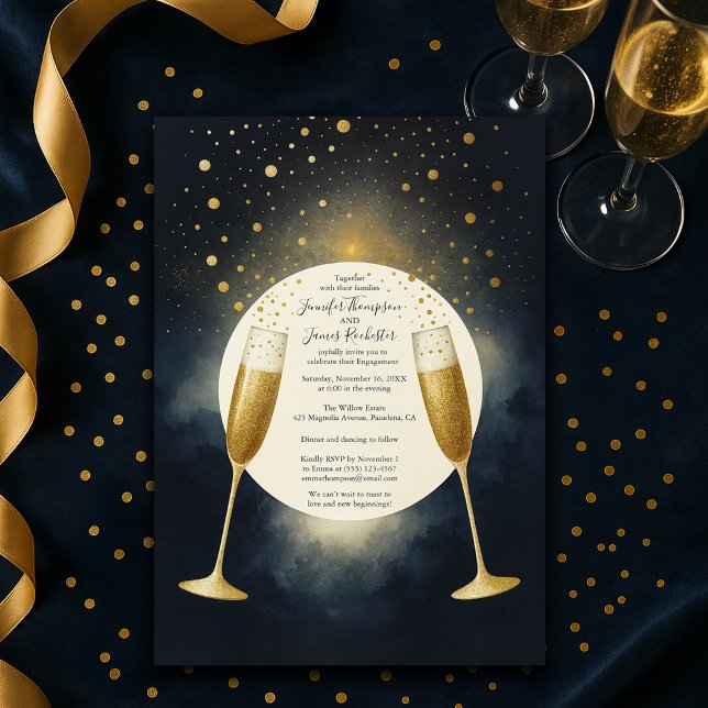 Elegant Blue and Gold Champagne Engagement Party Invitation (Creator Uploaded)