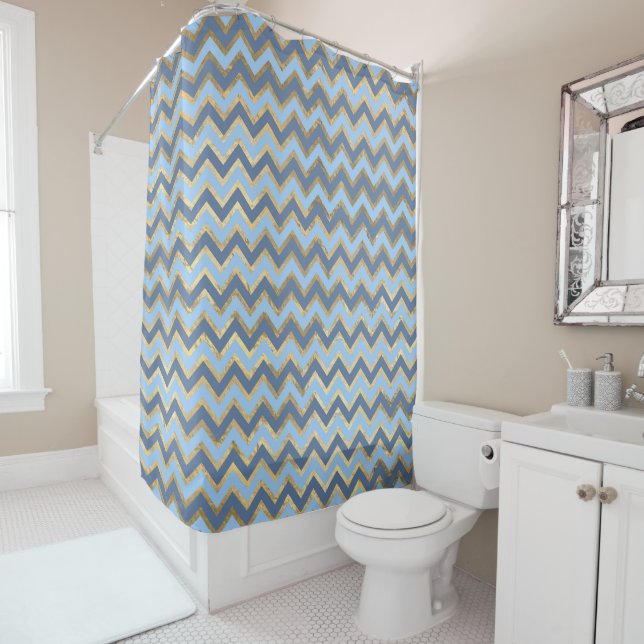 Elegant Blue and Gold Chevron Pattern Shower Curtain (In Situ)