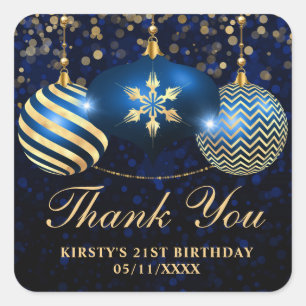 Elegant Blue and Gold Christmas Baubles Birthday Square Sticker