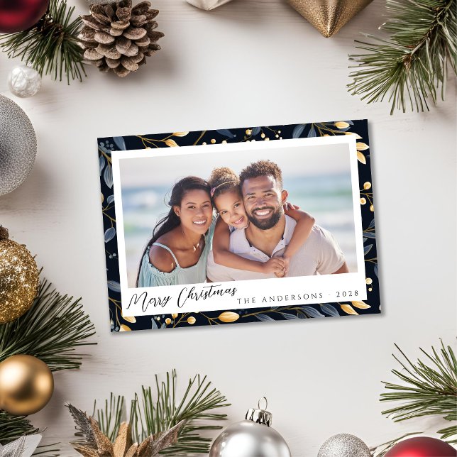 Elegant Blue And Gold Christmas Leaves Photo Holiday Card (Elegant Blue and Gold Leaves Christmas Card)