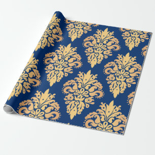 Elegant Blue and Gold Classic Damask Pattern Wrapping Paper