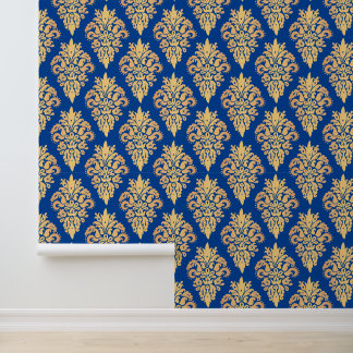 Elegant Blue and Gold Classic Damask Wallpaper