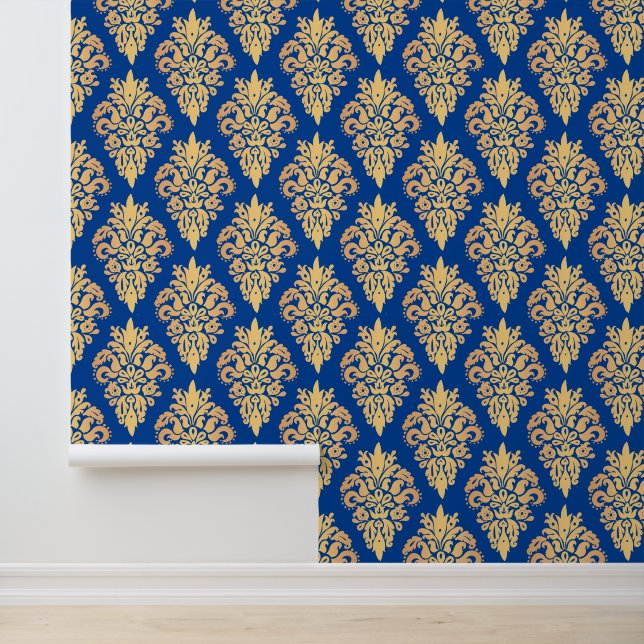 Elegant Blue and Gold Classic Damask Wallpaper (Application)