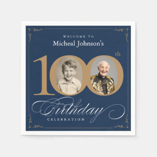Elegant Blue and Gold Custom Photo 100th Birthday  Napkin