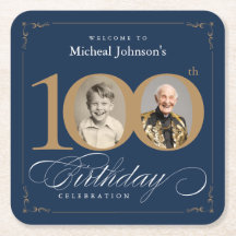 Elegant Blue and Gold Custom Photo 100th Birthday 