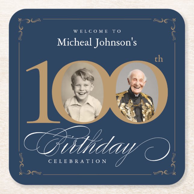 Elegant Blue and Gold Custom Photo 100th Birthday  Square Paper Coaster (Front)