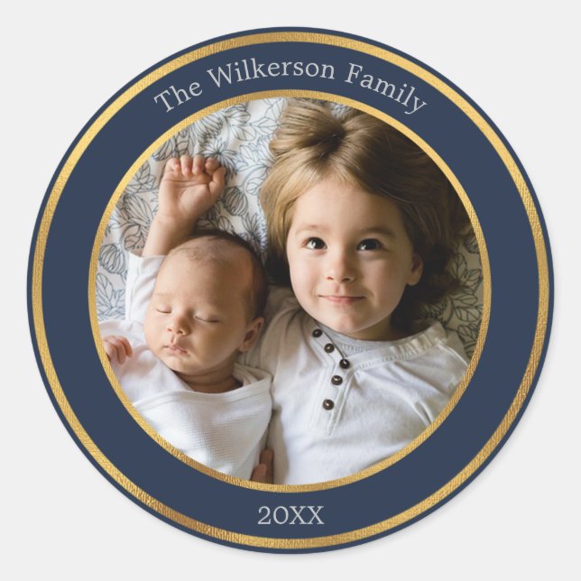 Elegant Blue and Gold Custom Photo Classic Round Sticker (Front)