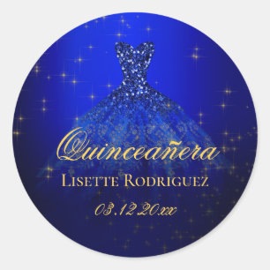 Elegant Blue And Gold Custom Quinceanera Classic Round Sticker