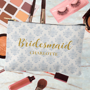 Elegant Blue and Gold Damask Bridal Shower Accessory Pouch