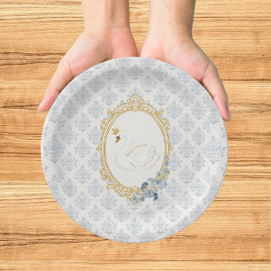 Elegant Blue and Gold Damask Bridal Shower Paper Plate